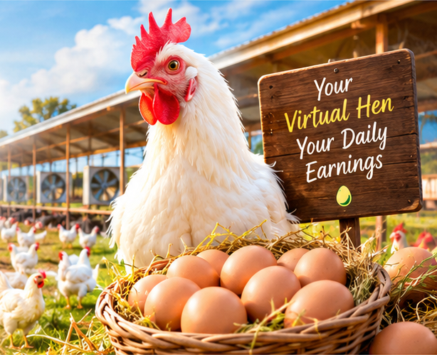 Hen with fresh eggs on a poultry farm